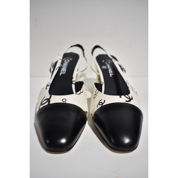 Chanel 23P Mademoiselle Coco Sling White Black CC Logo Slingback Sandal Heel 37 - Picture 7 of 12